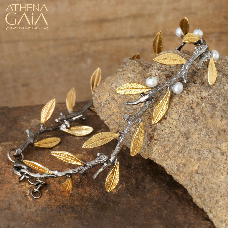 Pearl Olive Bracelet - Gold Plated Sterling Silver Bracelet - Cuff Bracelet