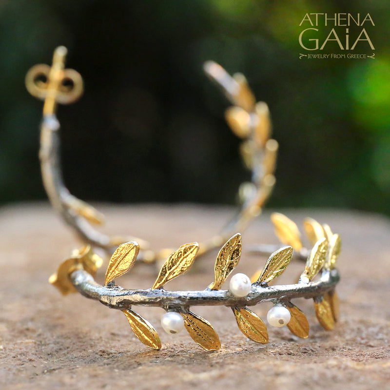 Pearl Olive Hoop Earrings - Gold Plating and Sterling Silver Earrings