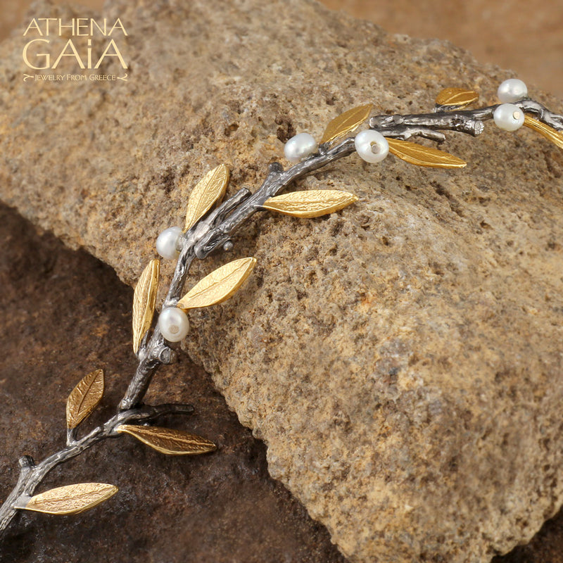 Pearl Olive Bracelet - Gold Plated Sterling Silver Bracelet - Cuff Bracelet