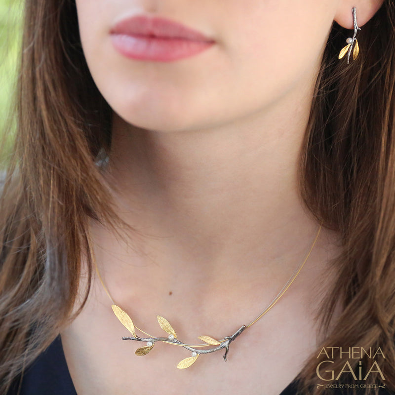 Pearl Olive Draped Branch Necklace - Gold Plated Sterling Silver Necklace