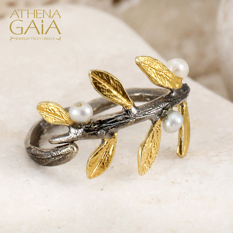 Pearl Olive Twig Ring - Gold Plated Sterling Silver Ring
