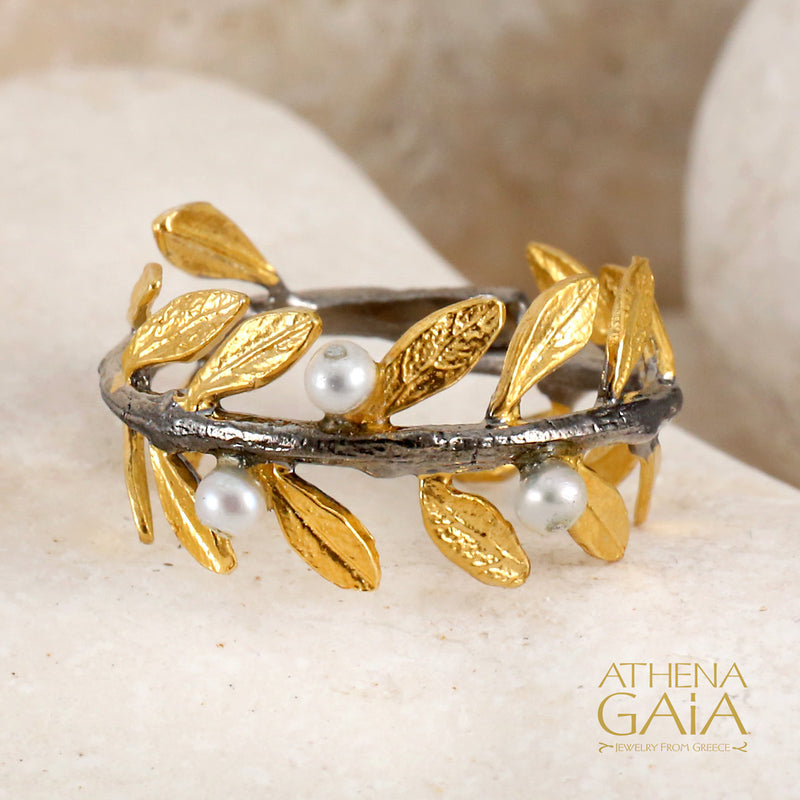 Pearl Olive Full Twig Ring - Gold Plated Sterling Silver Ring