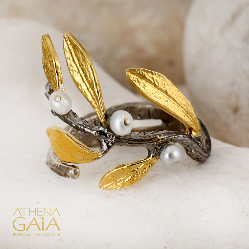 Pearl Olive Half Wrap Ring - Gold Plated Sterling Silver Ring