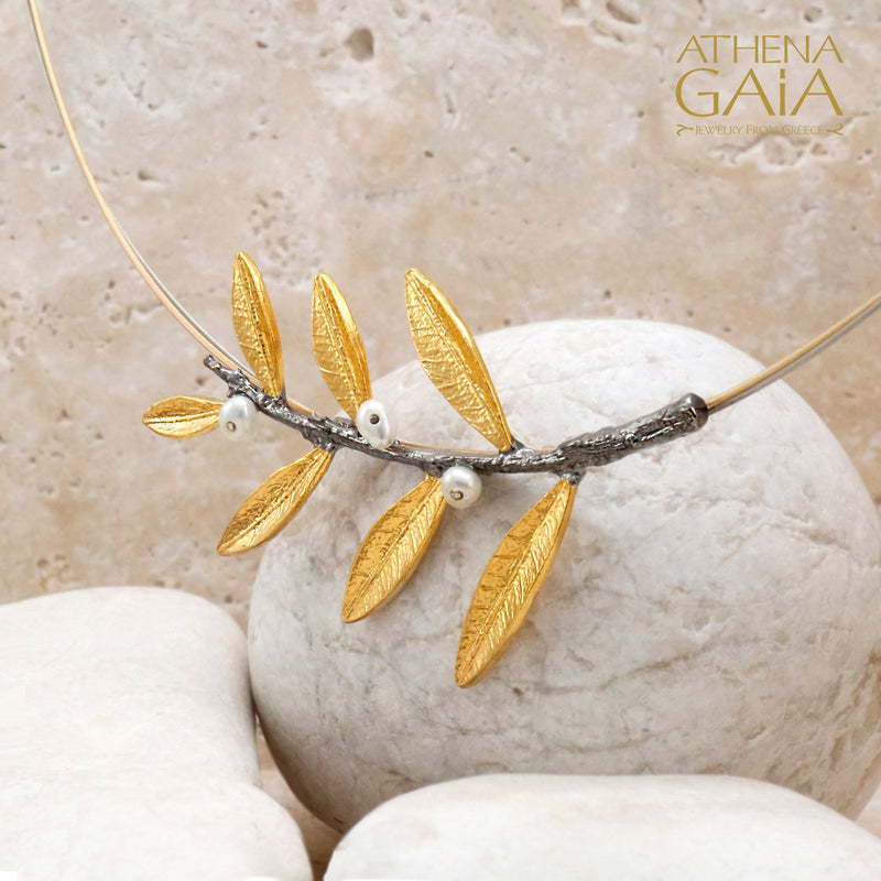 Pearl Olive Wide Twig Necklace - Gold Plated Sterling Silver Necklace