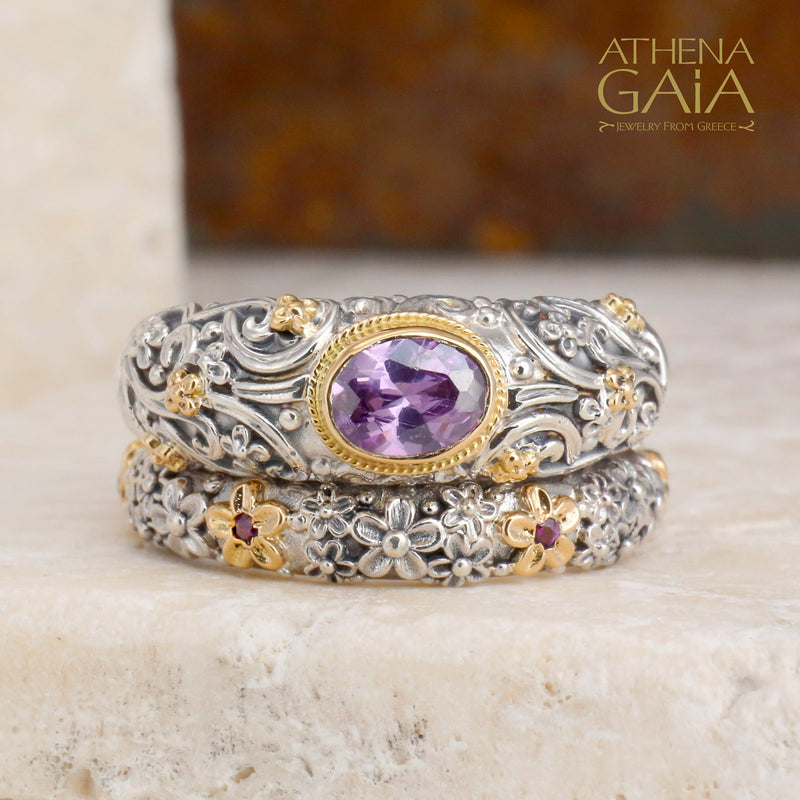 Wild Flowers Stone Band Ring - 18k Gold & Sterling Silver Ring - Stackable Ring