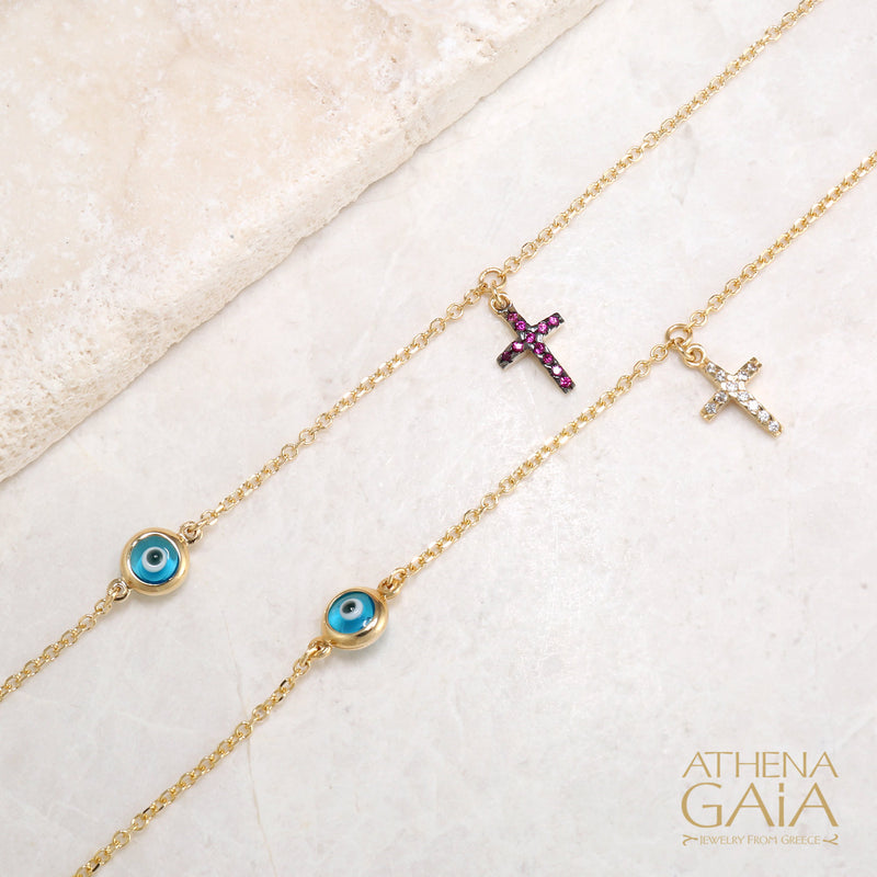 Mati Blue Evil Eye & Cross Necklace -  14k Gold Necklace
