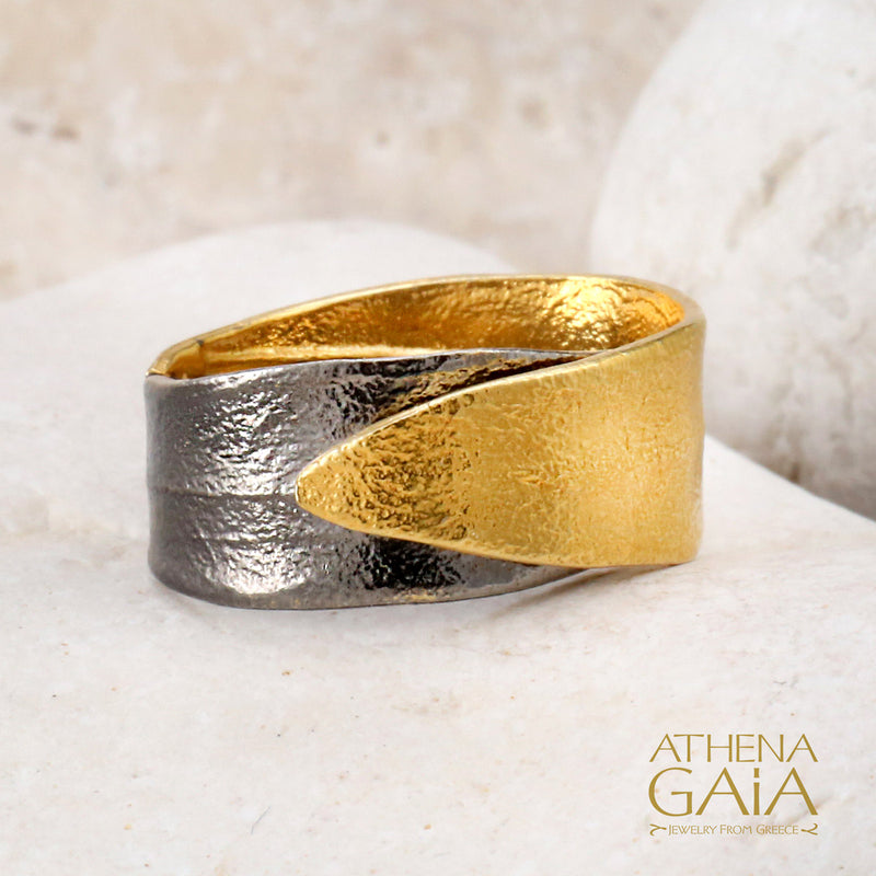 Dual Leaf Wide Band Ring - Gold Plated Sterling Silver Ring