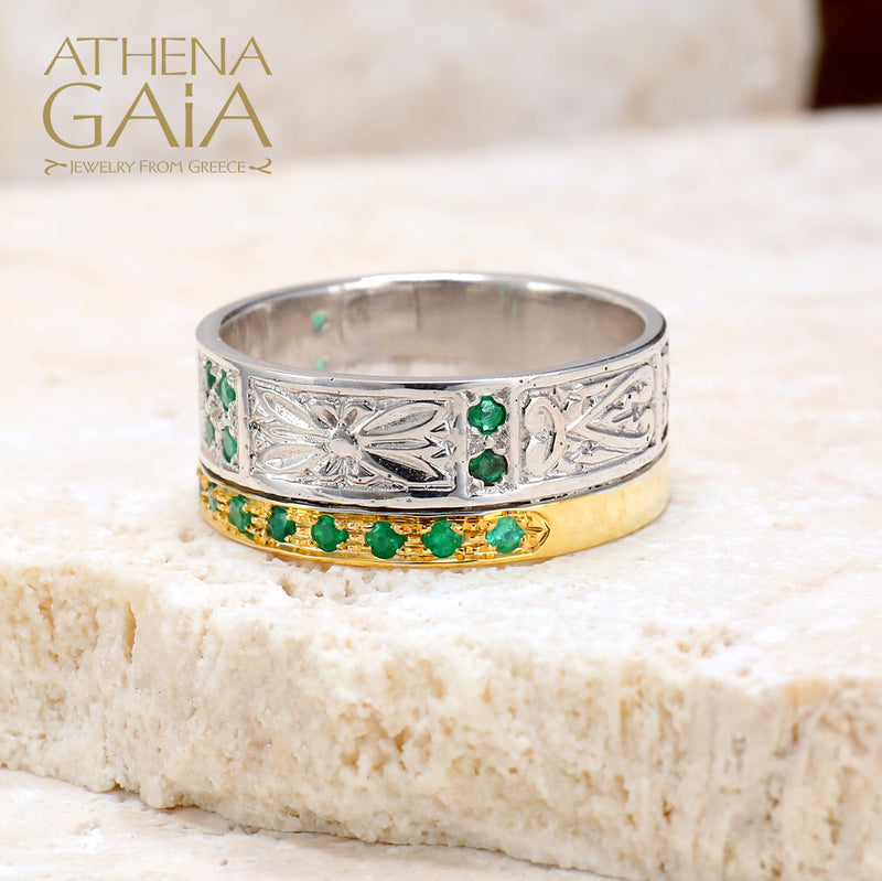 Anthemion Single Row Gold Ring - 18k Gold & Sterling Silver Ring - Cigar Band Ring