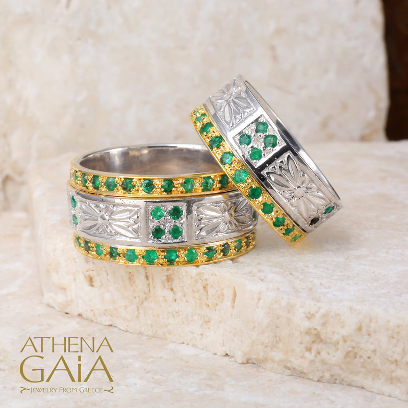 Anthemion Single Row Gold Ring - 18k Gold & Sterling Silver Ring - Cigar Band Ring