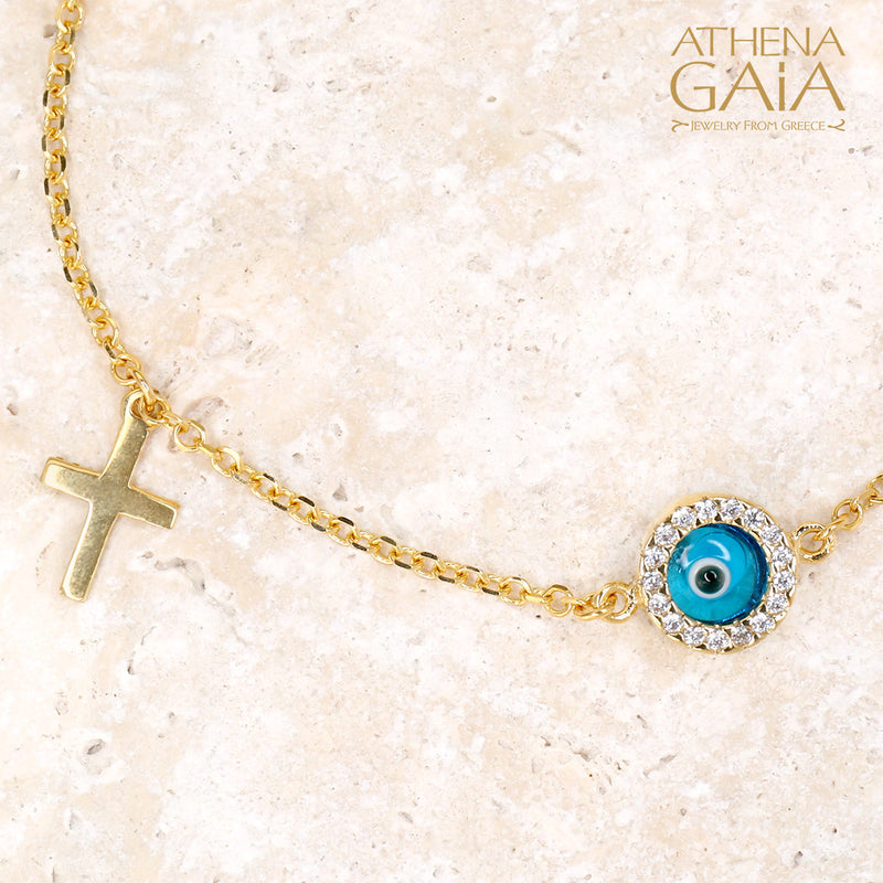 Agapi Mati & Cross Bracelet - 14k Gold - Evil Eye Bracelet