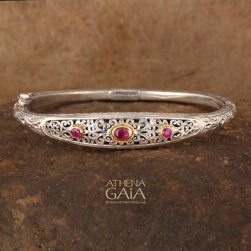 Mediterranean Silver Bracelet - 18k Gold and Sterling Silver - Hinged Bangle Bracelet