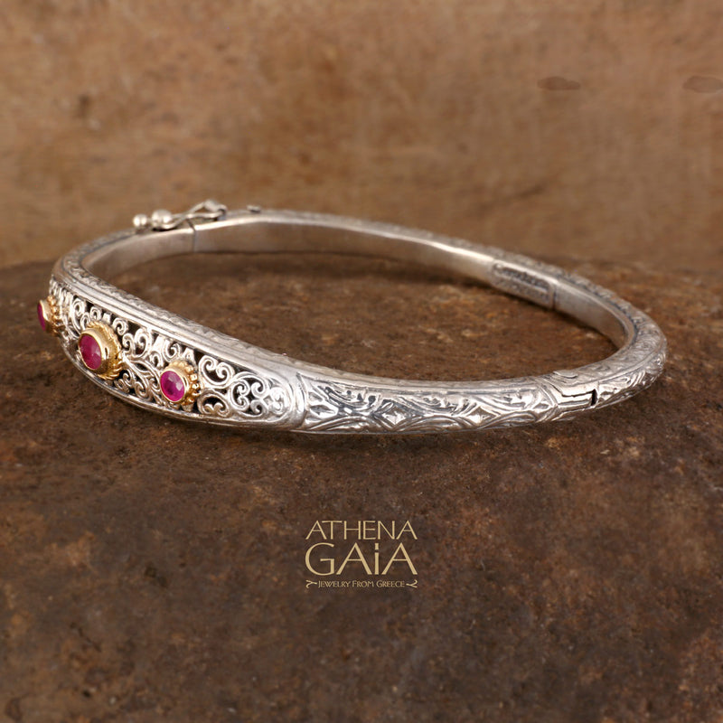 Mediterranean Silver Bracelet - 18k Gold and Sterling Silver - Hinged Bangle Bracelet