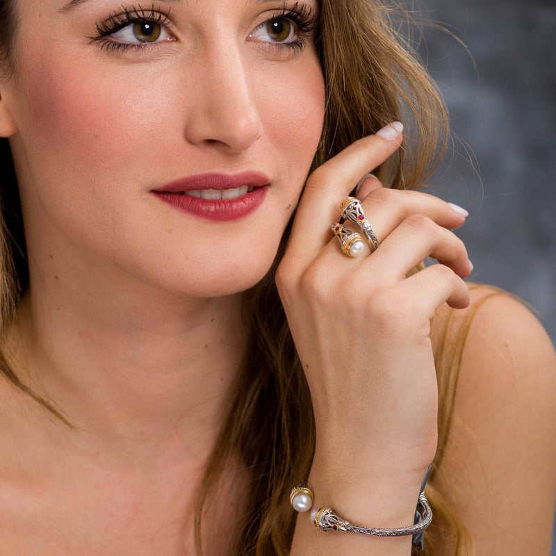 Santorini Pearl Cap Bracelet - 18k Gold and Sterling Silver - Hinged Bangle Bracelet