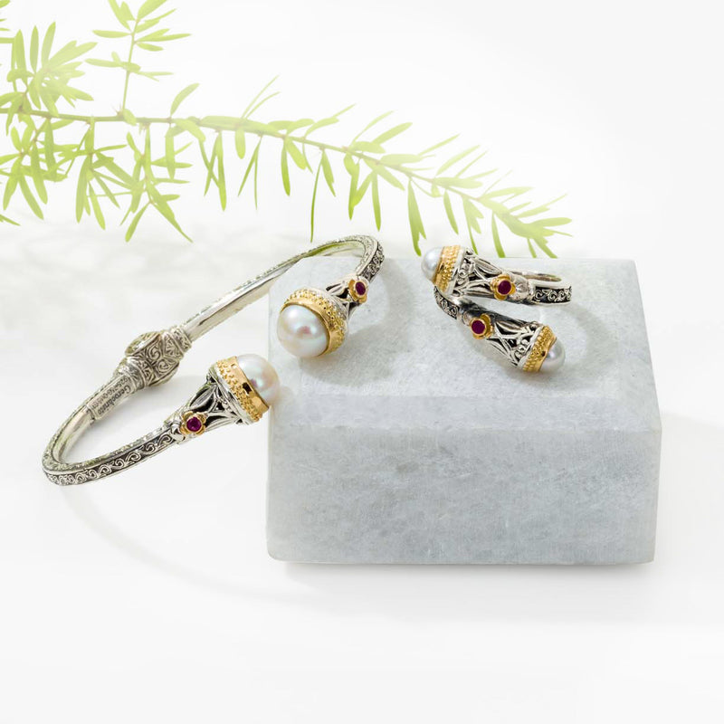 Santorini Pearl Cap Bracelet - 18k Gold and Sterling Silver - Hinged Bangle Bracelet