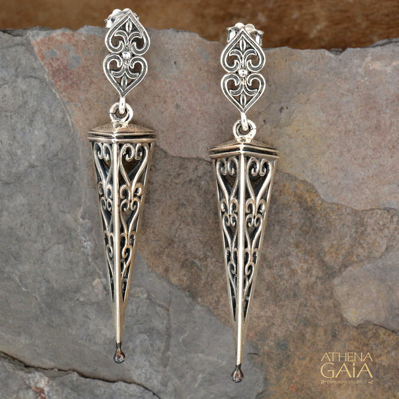 Triangle Scroll Chandelier Earrings - Sterling Silver Earrings