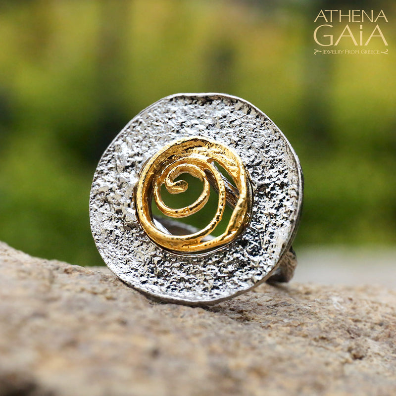 Sun Blast Spiral Ring - Gold Plated Sterling Silver Ring - Cocktail Ring