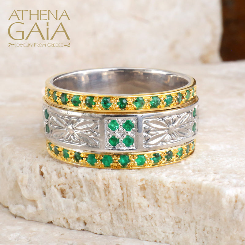 Anthemion Double Row Ring - 18k Gold & Sterling Silver Ring - Cigar Band Ring