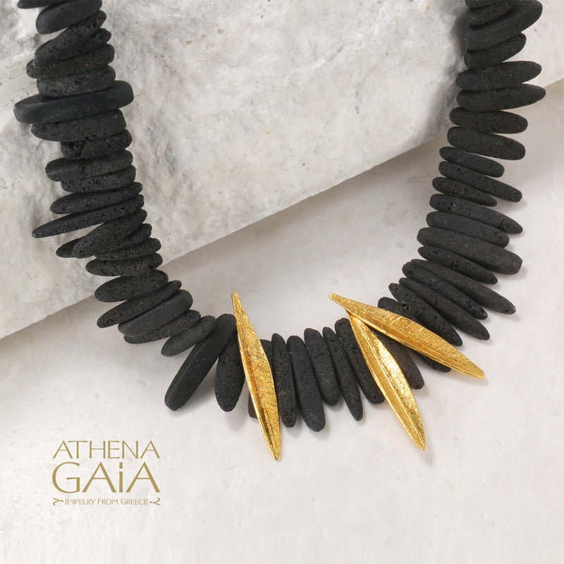 Olive Leaf Lava Necklace - Gold Plated Sterling Silver Necklace