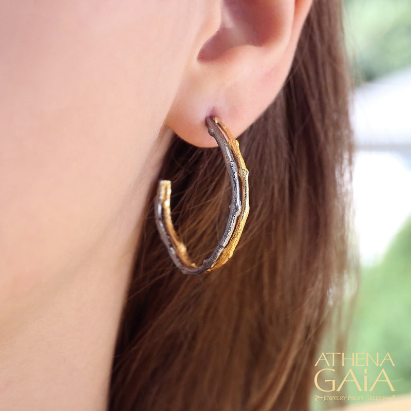 Double Branch Hoop Earrings - Gold Plated Sterling Silver Earrings