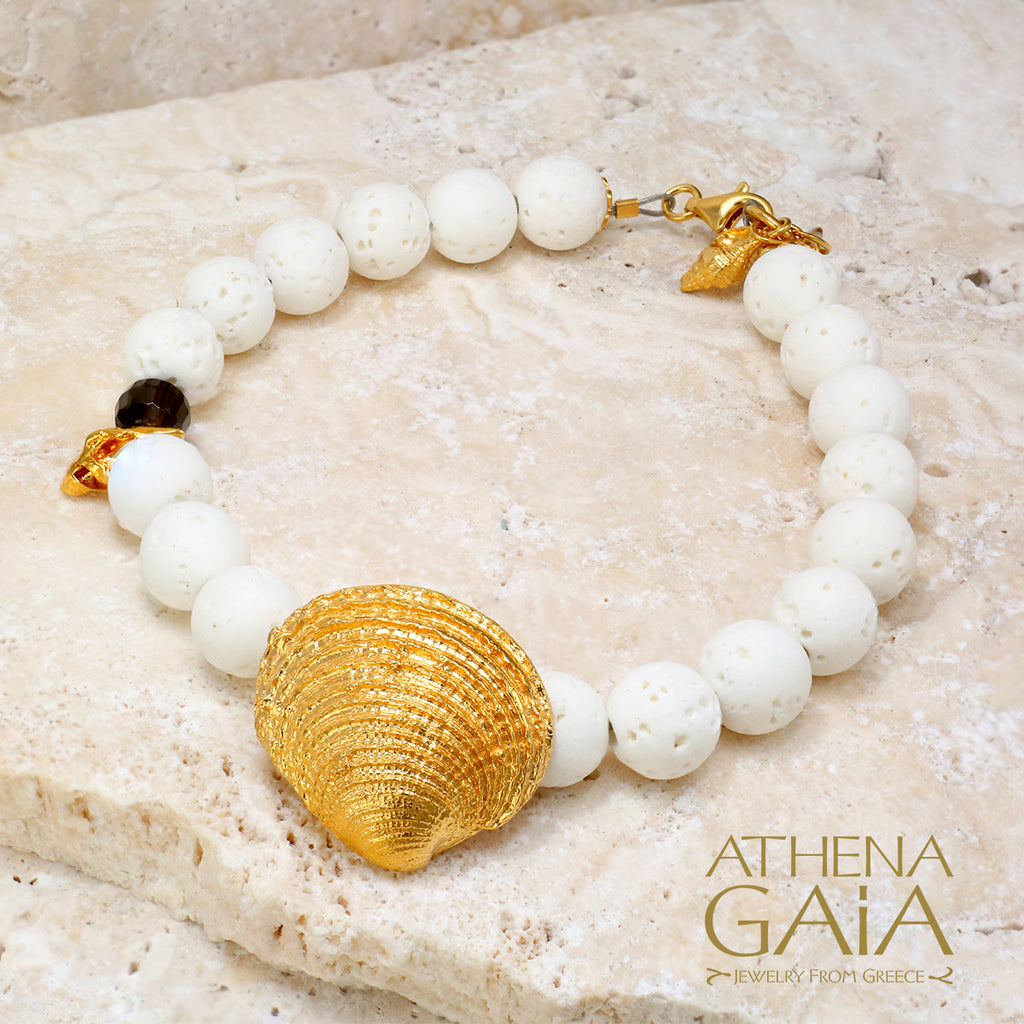 Clam Shell White Coral Bracelet - Gold Plated Sterling Silver Bracelet - Coral Beaded Bracelet