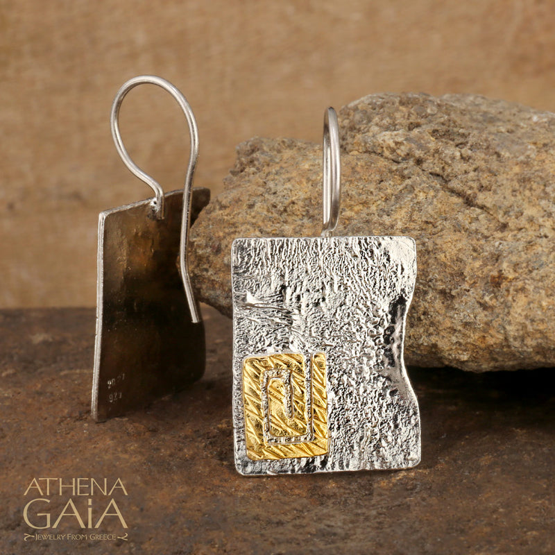 Greek Key Panel Earrings - Gold Plated Sterling Silver - French Wire Earrings