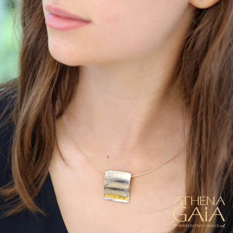 Greek Key Meander Pendant Necklace - Gold Plated Sterling Silver Necklace