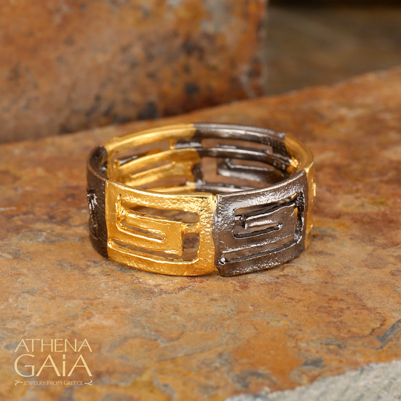 Stilvi Greek Key Bold Meandros Ring - Gold Plated Sterling Silver Ring - Cigar Band Ring