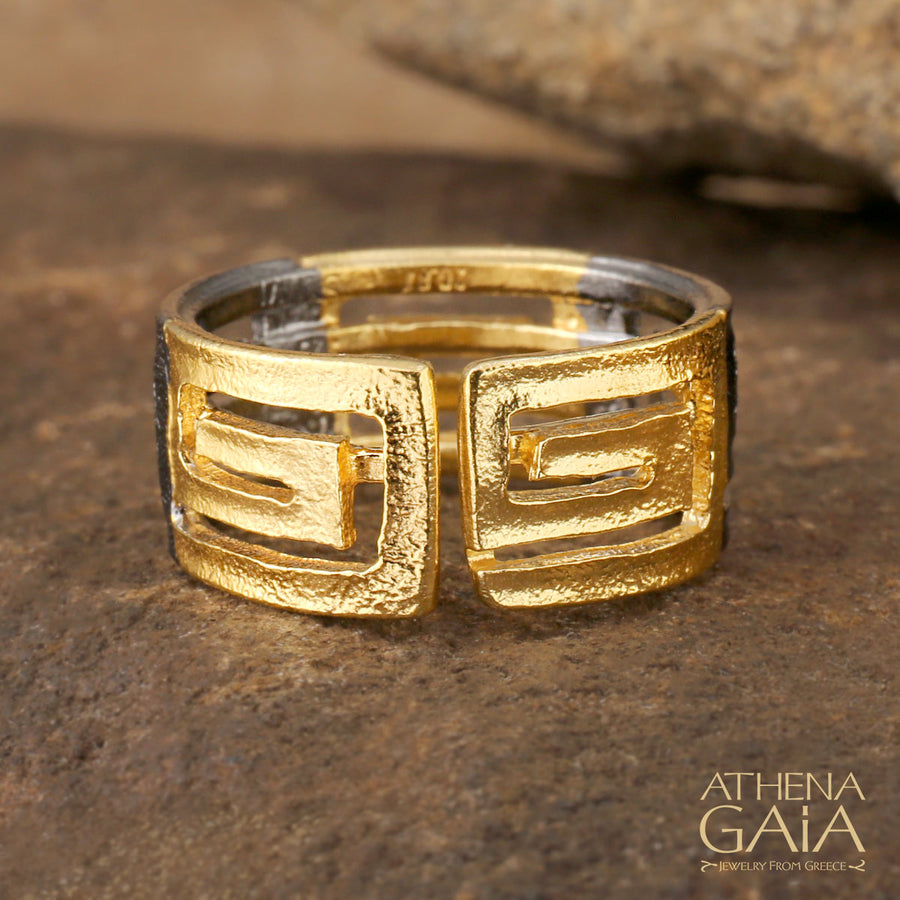 Stilvi Greek Key Bold Meandros Ring - Gold Plated Sterling Silver Ring - Cigar Band Ring