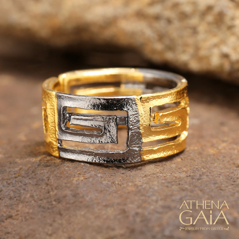 Stilvi Greek Key Bold Meandros Ring - Gold Plated Sterling Silver Ring - Cigar Band Ring