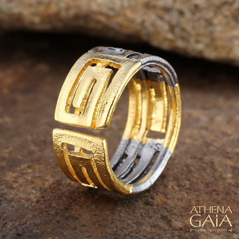 Stilvi Greek Key Bold Meandros Ring - Gold Plated Sterling Silver Ring - Cigar Band Ring