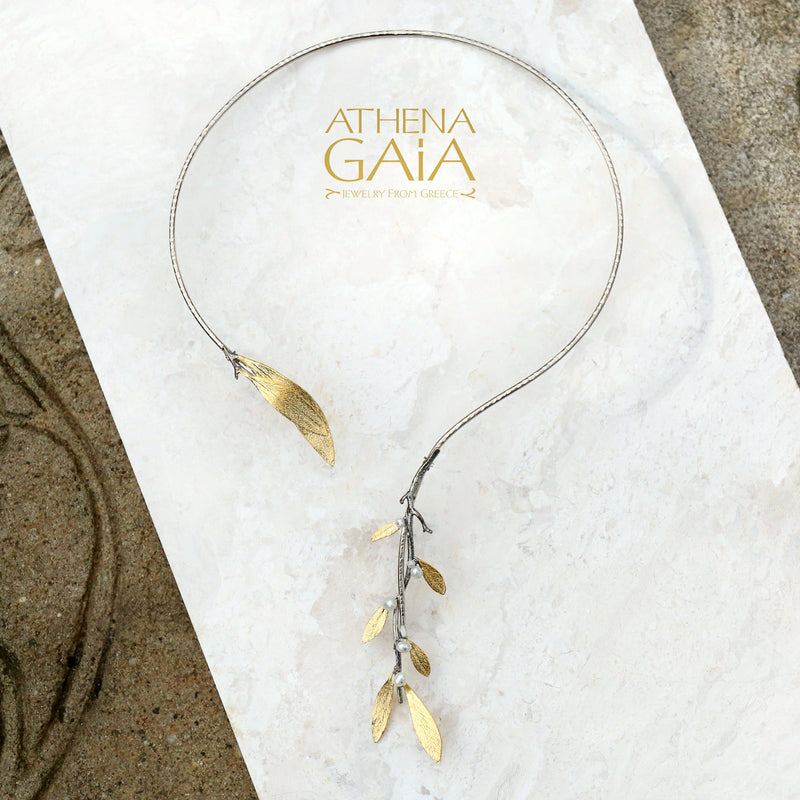 Pearl Olive Open Collar Necklace - Gold Plated Sterling Silver Necklace