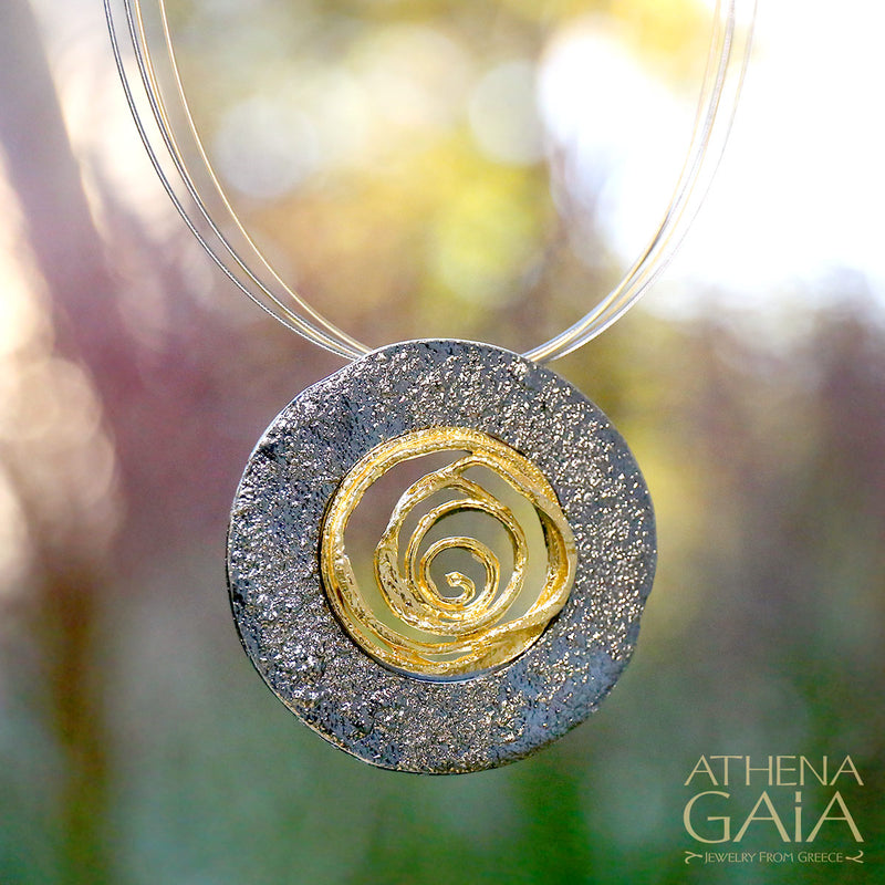 Sun Blast Spiral Pendant Necklace - Gold Plated Sterling Silver Necklace