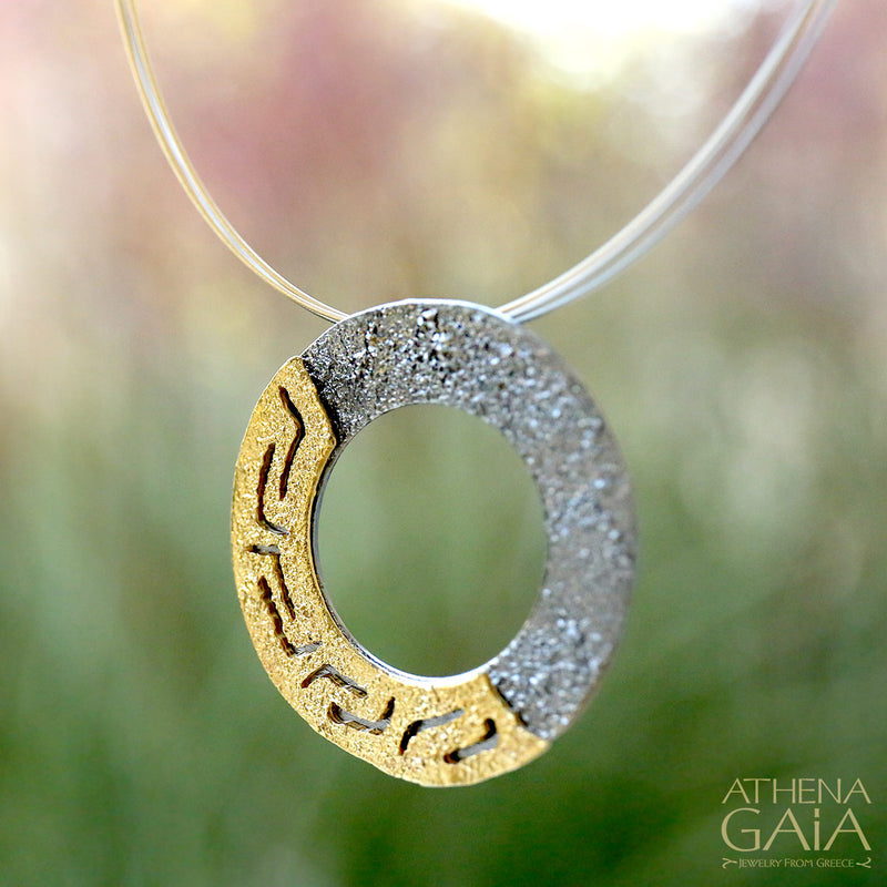 Greek Key Round Pendant Necklace - Gold Plated Sterling Silver Necklace