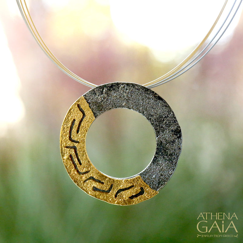 Greek Key Round Pendant Necklace - Gold Plated Sterling Silver Necklace