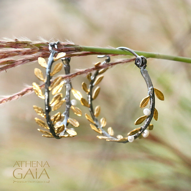 Pearl Olive Hoop Earrings - Gold Plating and Sterling Silver Earrings