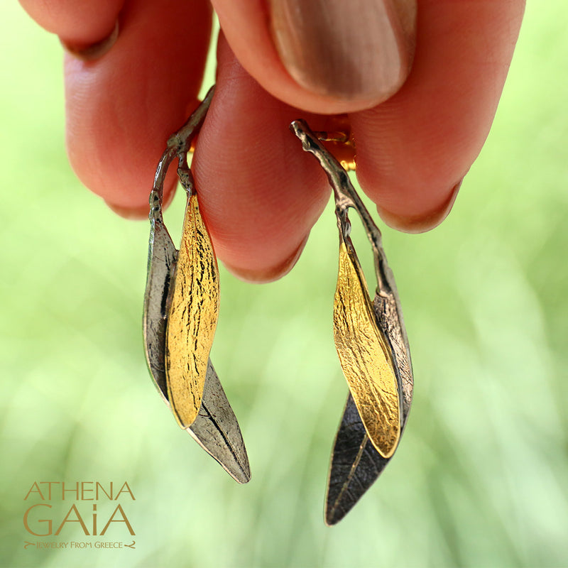 Dual Leaf Earrings - Gold Plated Sterling Silver Earrings