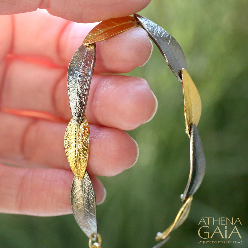 Leaf Train Bracelet - Gold Plated Sterling Silver Bracelet - Link Bracelet