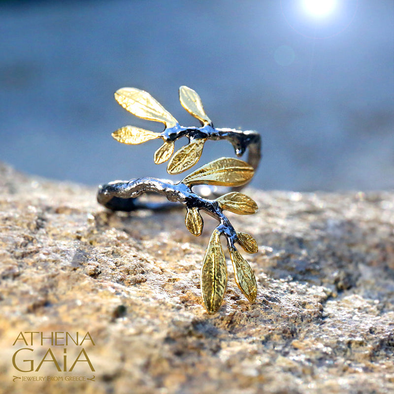 Olive Leaf Long Bypass Ring - Sterling Silver Ring - Cocktail Ring