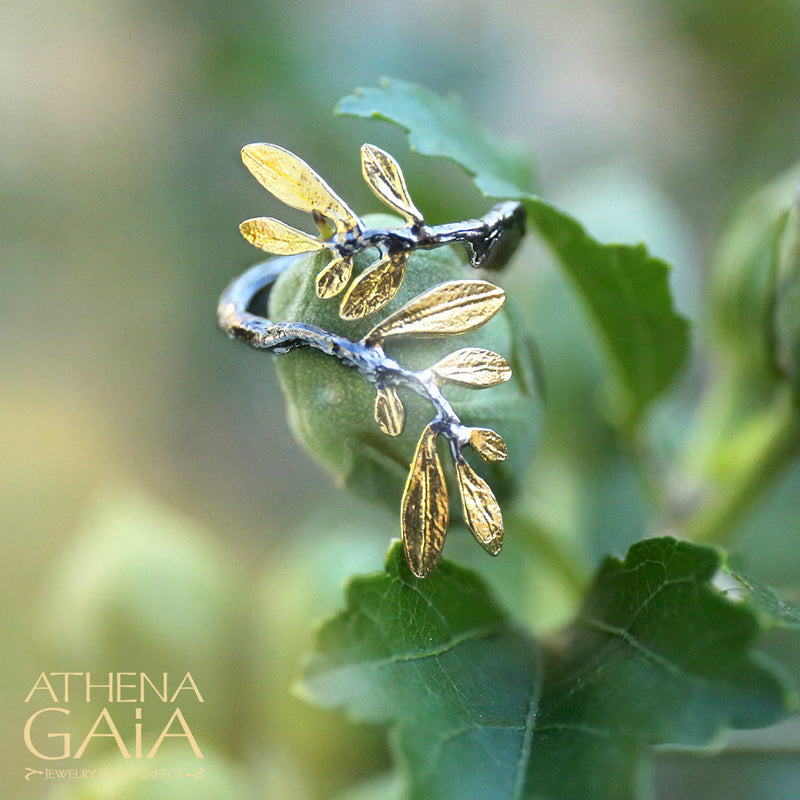 Olive Leaf Long Bypass Ring - Sterling Silver Ring - Cocktail Ring