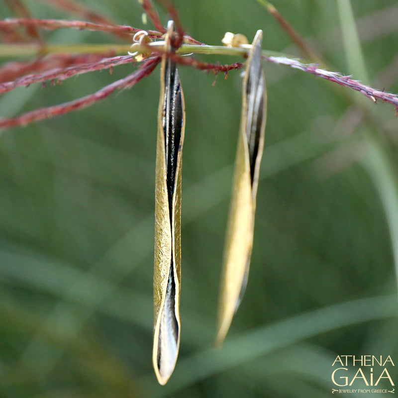 Long Leaf Curled Earrings - Gold Plated  Sterling Silver Earrings