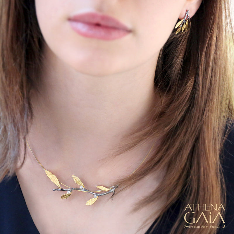 Pearl Olive Draped Branch Necklace - Gold Plated Sterling Silver Necklace