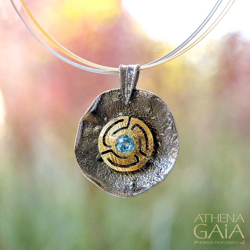 Greek Key Spiral Pendant Necklace - Gold Plated Sterling Silver Necklace