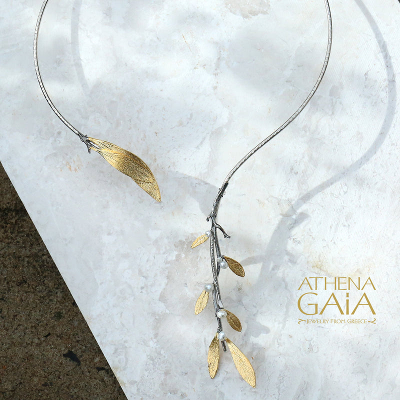 Pearl Olive Open Collar Necklace - Gold Plated Sterling Silver Necklace