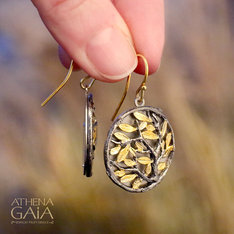 Circle Olive Tree Earrings - Gold Plated Sterling Silver Earrings