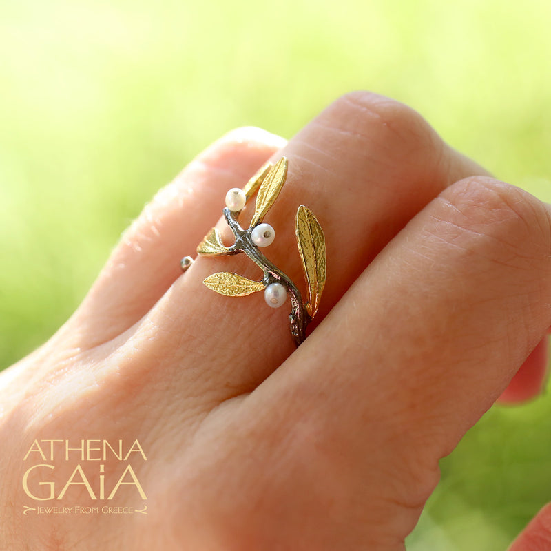 Pearl Olive Half Wrap Ring - Gold Plated Sterling Silver Ring