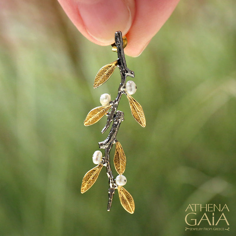 Pearl Olive Long Twig Earrings - Gold Plated Sterling Silver Earrings