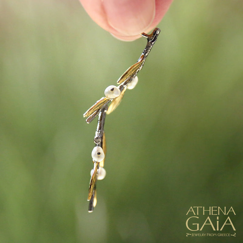 Pearl Olive Long Twig Earrings - Gold Plated Sterling Silver Earrings