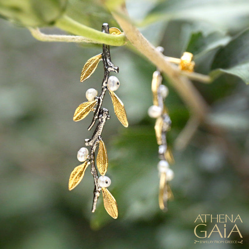 Pearl Olive Long Twig Earrings - Gold Plated Sterling Silver Earrings