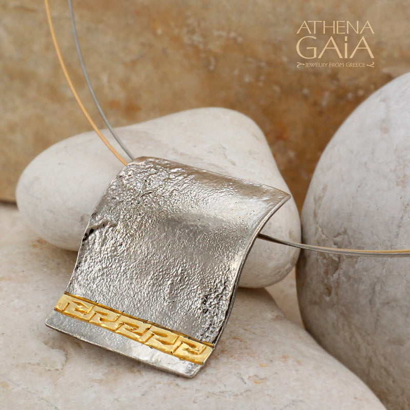 Greek Key Meander Pendant Necklace - Gold Plated Sterling Silver Necklace