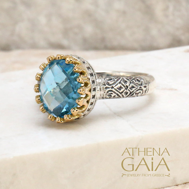 Etched Tall Crown Ring - 18k Gold & Sterling Silver Ring - Cocktail Ring